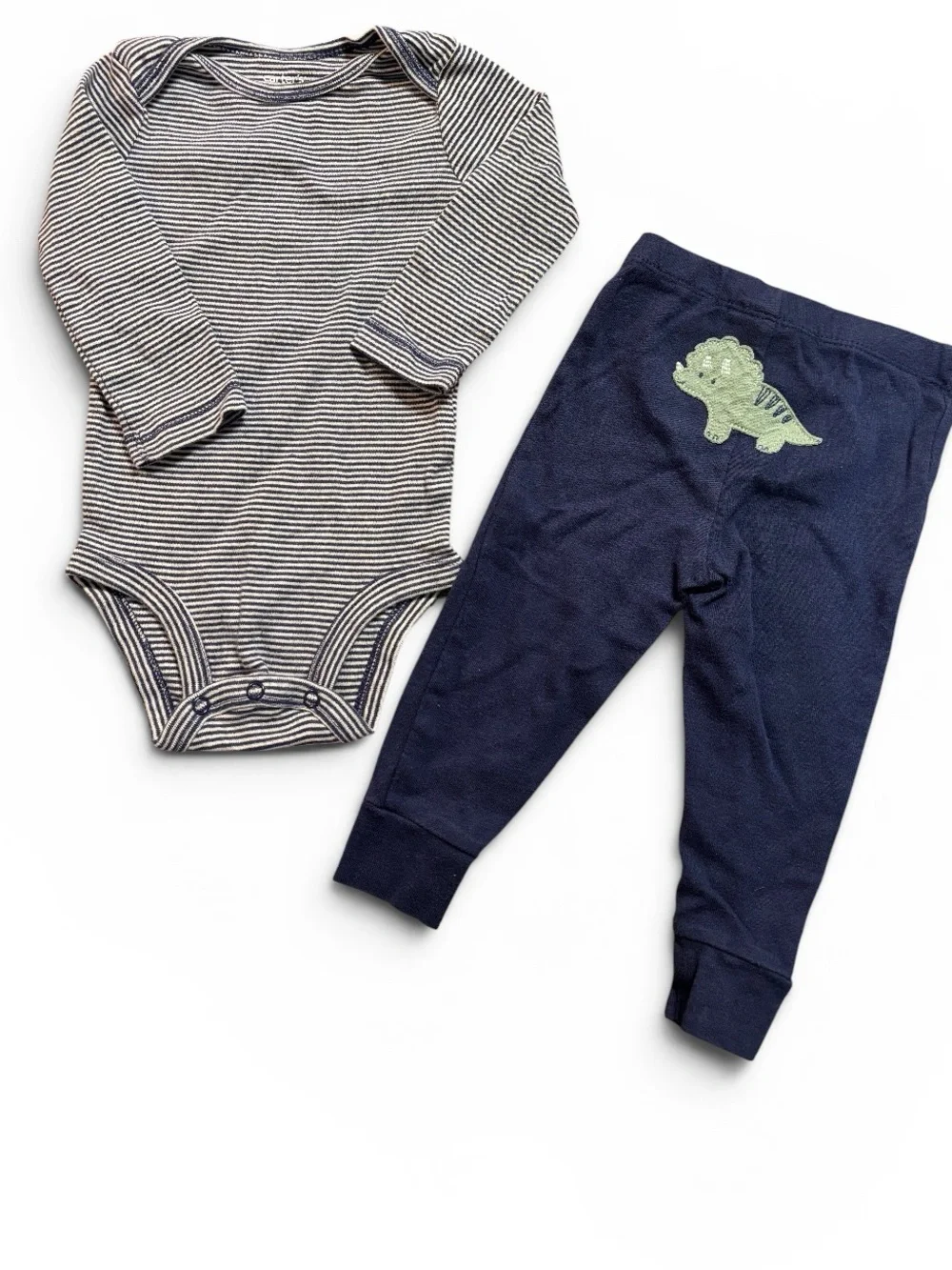 🎉 (12m) Carter’s Striped Bodysuit + Navy Blue Joggers with Dinosaur on Bum